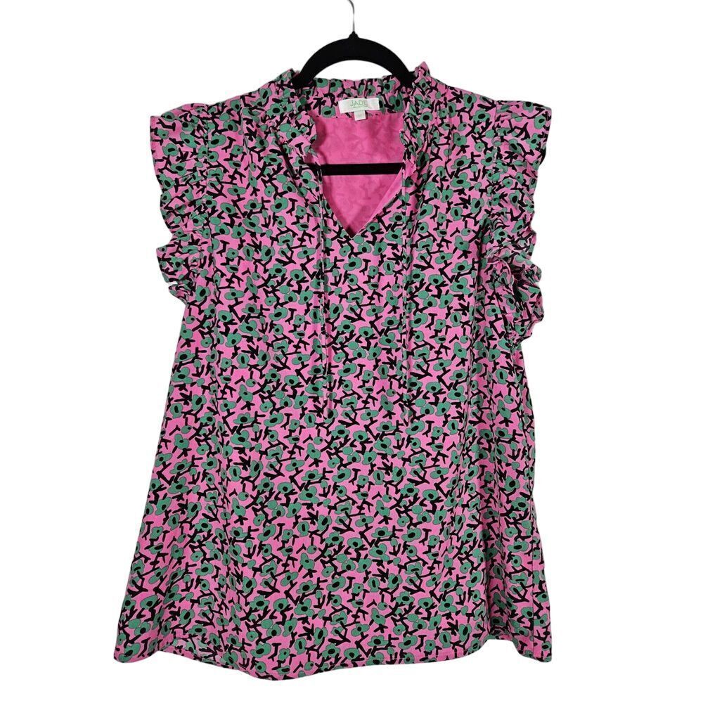 Jade Women M Multicolor Floral Lined Ruffle Sleeve V-neck Tunic Blouse Top Shirt